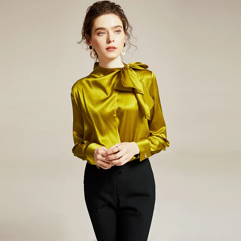 Blusas Femininas Elegante 95% натуральный шелк корейская модная одежда женские Топы с бантом однотонные женские рубашки дизайнерские высокое качество