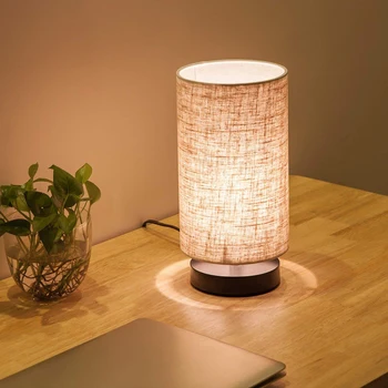 

Desk Lamp Modern Wood Linen Bedside Lamp Round Indoor Soft Night Light for Bedroom Living Room Dinning Table Office Decoration