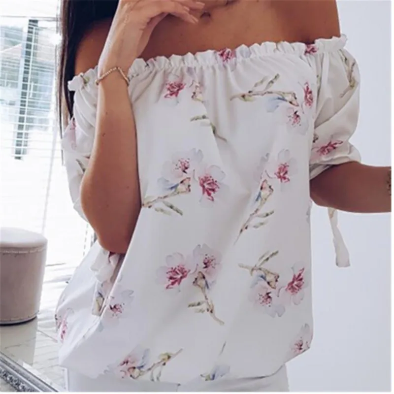 arrival Women Off Shoulder Tops Long Sleeve Floral Print Pullover Casual Blouse Hals Langarm Chiffon Summer Chiffon Blouse Lady
