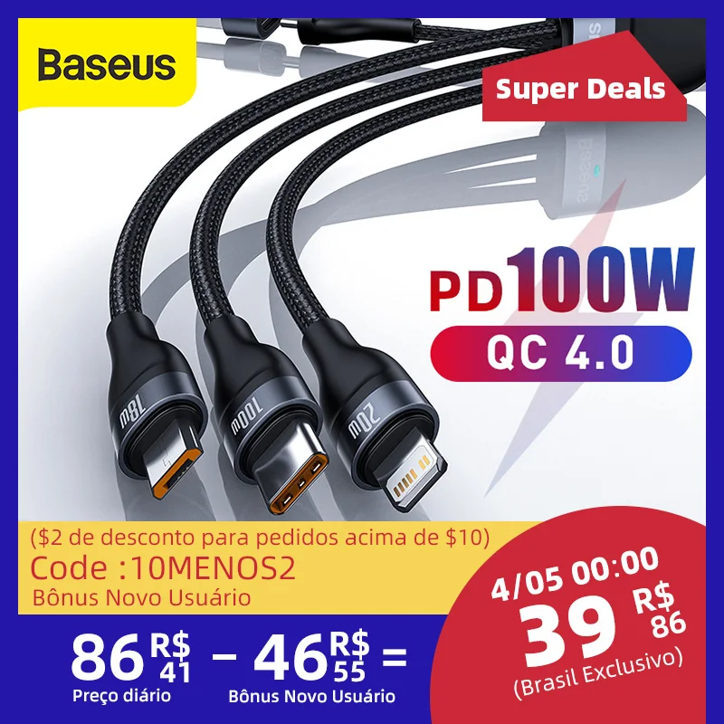 Baseus 3 en 1 USB-C Cable para iPhone 12 Pro 11 XR cargador de Cable 100W Micro USB tipo C para Macbook Pro Samsung Xiaomi