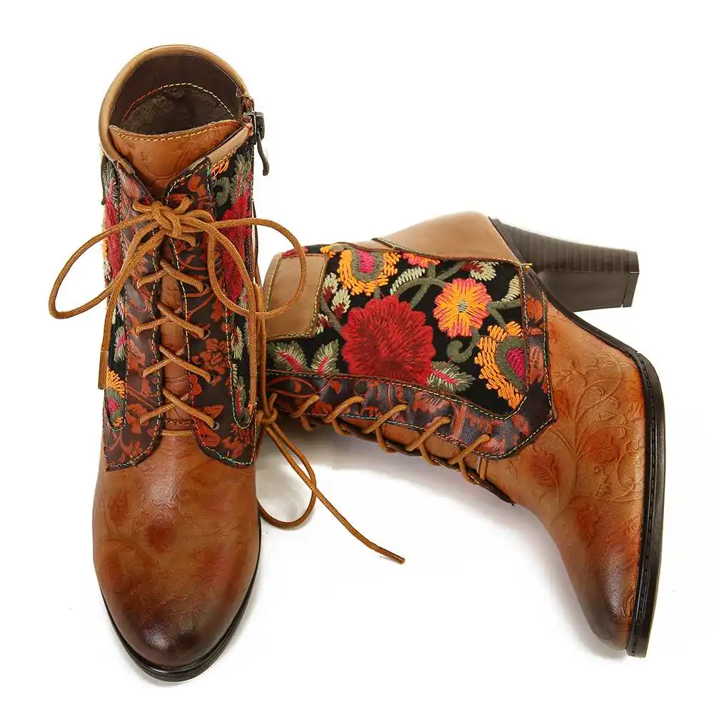 SOCOFY/ботинки из натуральной кожи в стиле ретро; женские кожаные ботинки на высоком каблуке со шнуровкой и вышивкой; элегантная женская обувь;