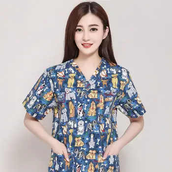 

2020 Print Women Spring Summer Scrub Tops Short Sleeves Beautician Clothes Women Medical Suit Healty Overalls Doctor Uniform