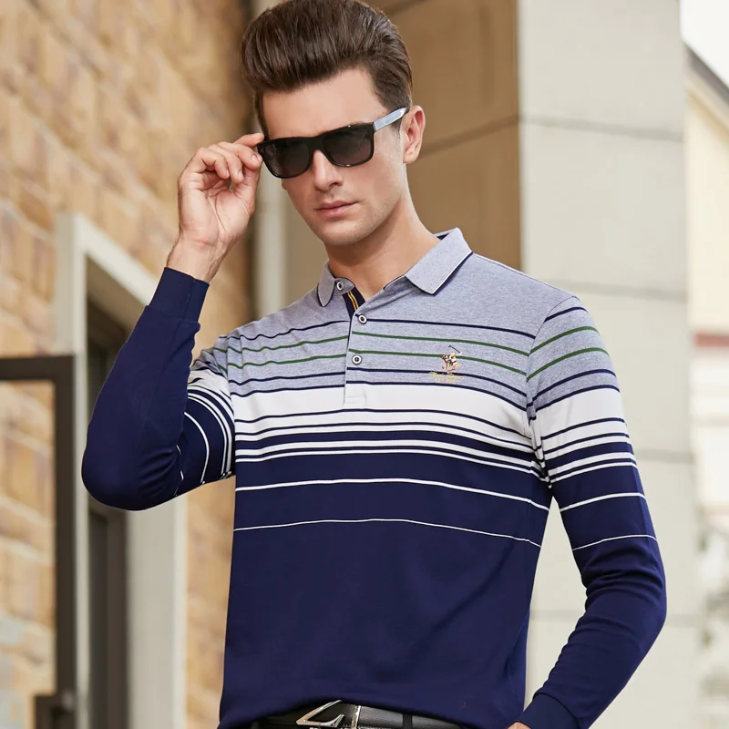 Новые повседневные мужские полосатые рубашки хлопок 3D вышивка с длинным рукавом поло для мужчин s Slim Fit деловая мужская рубашка-поло 8918