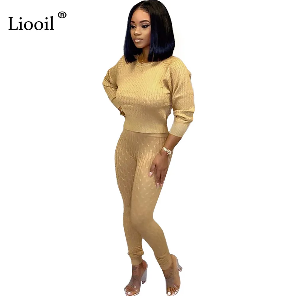Liooil, вязаный комплект из двух предметов, свитер, топ и штаны, с длинным рукавом, с круглым вырезом, облегающие, вечерние, для ночного клуба, наряды для женщин, подходящие комплекты