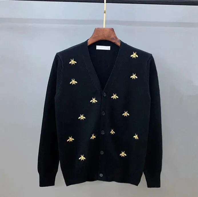 

European and American designer jacquard knit cardigan jacket small bee gold thread embroidery sweater V-neck slim sweater