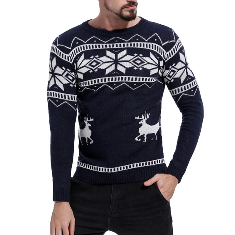 Navy Blue HEFLASHOR мужские повседневные облегающие трикотажные пуловеры с круглым вырезом, свитера с принтом, свитер с рождественским узором, джемпер с длинным рукавом, трикотаж - Цвет: Navy Blue