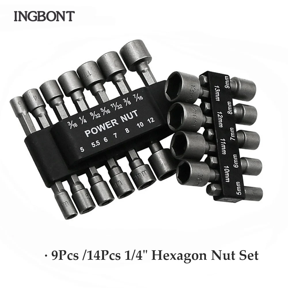 

INGBONT 9/14Pcs 1/4" Hexagon Nut Driver Drill Bit Handle Shank Hex Nut Socket Wrench Screwdriver Set Handle Tools Driver Adapter