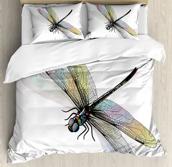 

Dragonfly Duvet Cover Set Shady Dragonfly Pattern with Ornate Lace Style Spiritual Beauty Wings Design Bedding Set Multicolor
