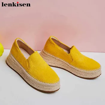 

Lenkisen vitality maiden sweet horsehair slip on weave thick bottom shoes round toe high heels leisure autumn women pumps L82