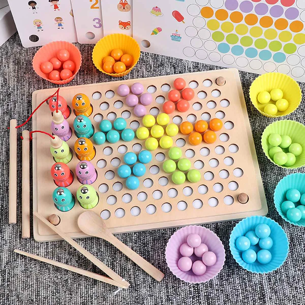 

Kids Montessori Wooden Clip Beads Fishing Magnetic Fishing Game Chopstick Bead Color Sorting Matching Puzzle Board Education Toy