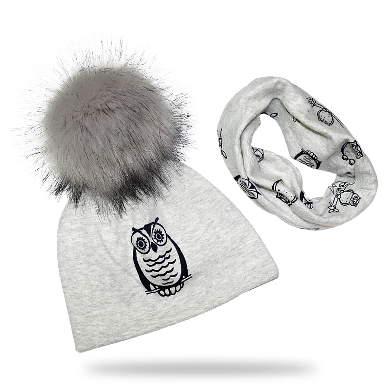 grey owl Детская шапка, хлопковый помпон с искуственным мехом, шапка для мальчика, зимняя шапка, шарф, комплект с принтом, шапка для девочки, шапочка, детская шапка - Цвет: grey owl