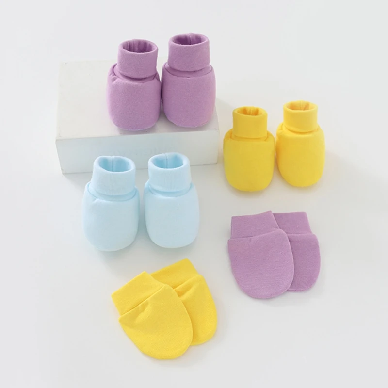 Baby Mittens Anti Scratch 4 Pairs Soft Cotton Face Protection Gloves Foot Cover Set for Baby Boys Girls