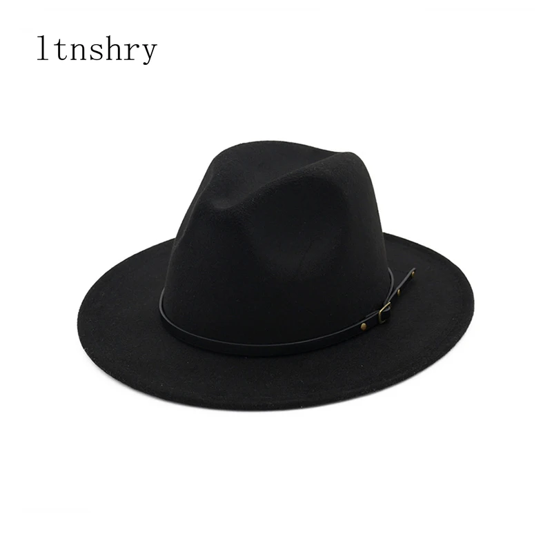 

Шапка-федора унисекс, черная, из смесовой шерсти, с ремнем, для зимы и весны