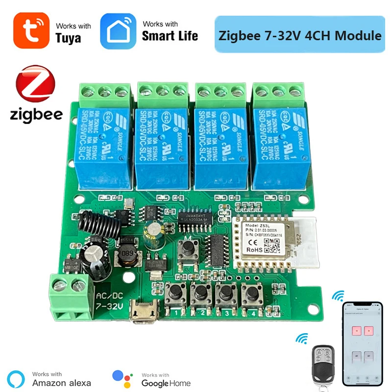 무선 지그비 와이파이 스위치 모듈, 와이파이 원격 제어, 4CH DC 5 V, 12 V, 32V RF 수신기, 10A 릴레이 알렉사 호환 투야 스마트 라이프