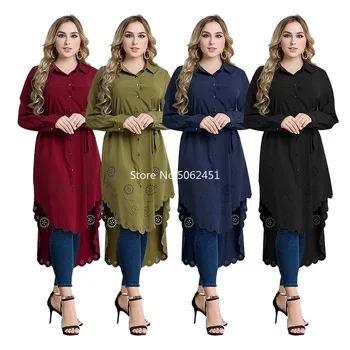

Abaya Lady Long Blouse Sexy T-shirt Muslim Hollow Lace Dress Women Solid Arabic Islamic Clothing Turkish Plus Size Party Costume