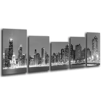 

City Chicago Evening, Skyscrapers, photo print on wood, modern picture decorative 26091