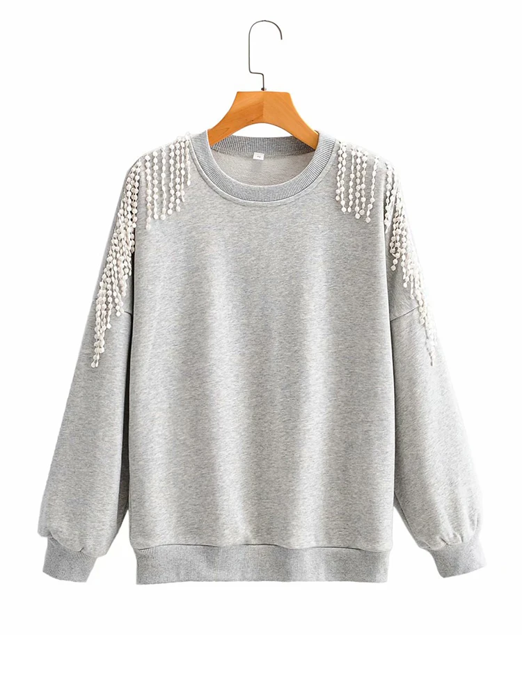 

BIAORUINA Women's Terry Grey Loose Casual Sweatshirt Round Neck Tassels Female All-match Everyday Pullovers Fashion Sweatshirt