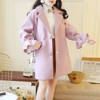 

2019 Winter Woman Single Breasted Slim Elegant Wool Jackets Sweet Flare Sleeve Beading Female Long Blends Coat