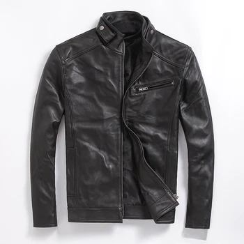 

Black Men Stand Collar Motorcycle Genuine Jacket Coats Slim Plus Size XXXXXL Business Casual Biker Real Leather Jackets