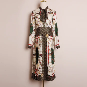 

Classical Pleated Dresses Women 2020 Spring New European Vintage Design Elegant Bow Collar Runway Print Midi Dress