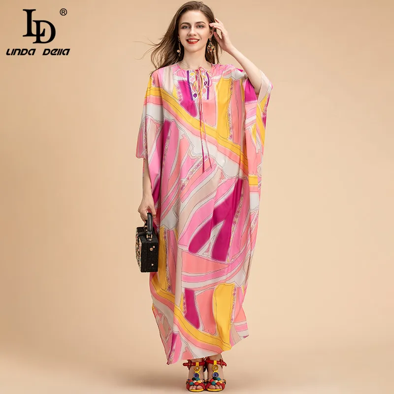 

LD LINDA DELLA 2020 Summer Fashion Designer Loose Long Dress Plus Size Women Batwing Sleeve Printed Elegant Chiffon Maxi Dress