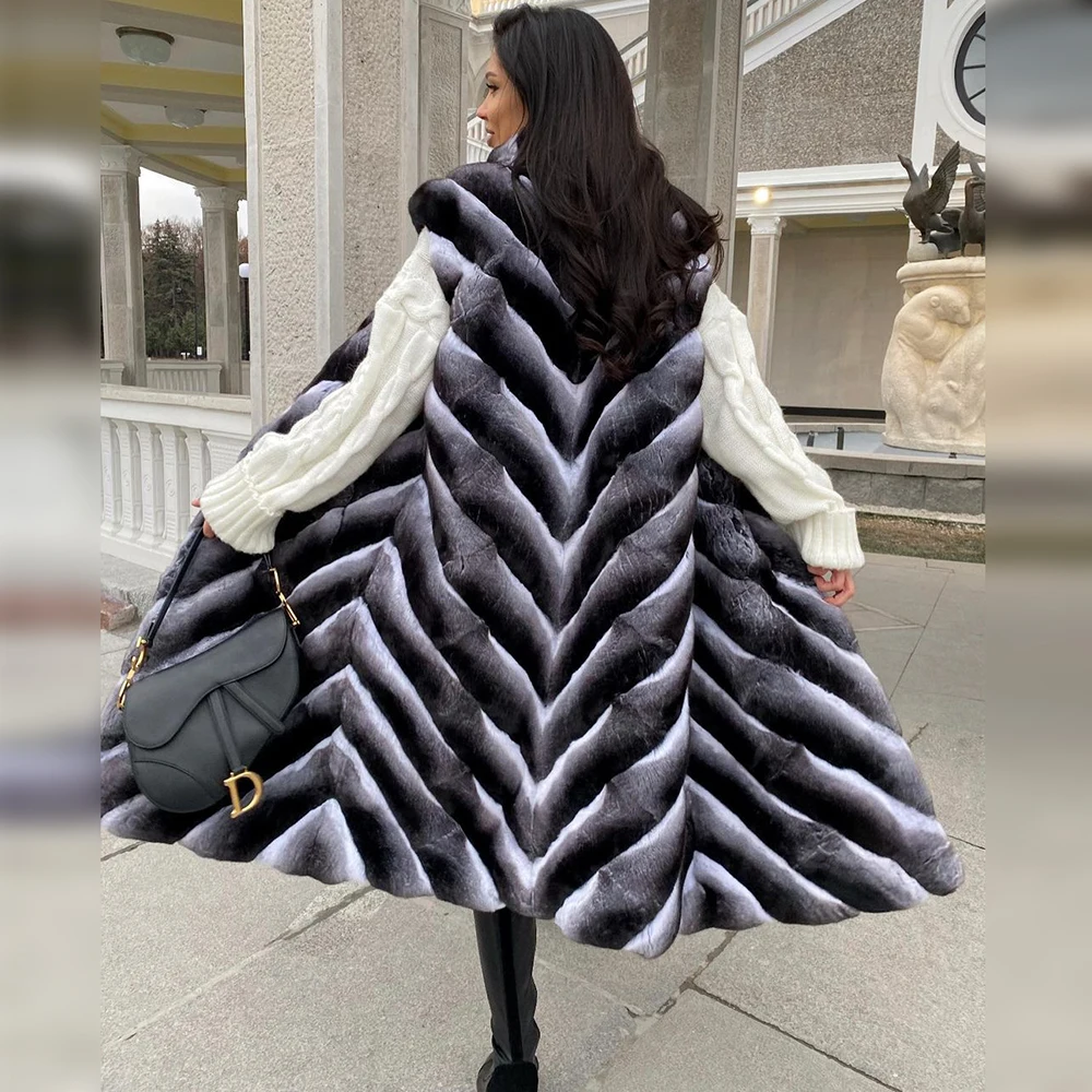Fashion Long Natural Rex Rabbit Fur Vest Turn-down Collar Woman Winter New Genuine Full Pelt Rex Rabbit Fur Coats Sleeveless