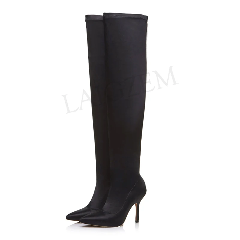 LGZ1122 Black LAIGZEM/женские ботфорты без застежки Стрейчевые сапоги на шпильках высокие сапоги до бедра; zapatillas mujer женская обувь; большие размеры 33, 39, 43 - Цвет: LGZ1122 Black