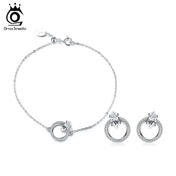 

ORSA JEWELS Stylish Female Wedding Genuine 925 Silver Jewelry Set with Solitaire Zircon Stud Earring Neck Chain Bracelet OSS117