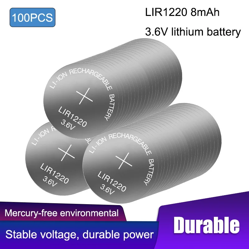 

100PCS 3.6V LIR1220 Lithiium Rechargeable Battery 8mAH Li-ion button coin cell replace for CR1220 CR 1220