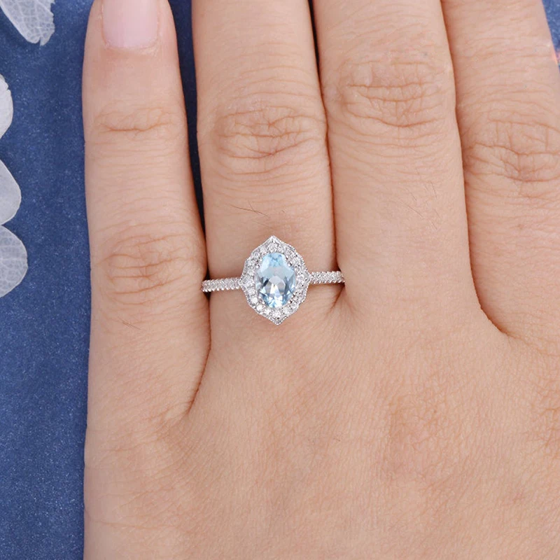 CxsJeremy Aquamarine Oval Cut 5*7mm Moissanite Engagement Ring 14K Au585 White Gold Halo Wedding Band Milgrain Anniversary Gift - Image 6