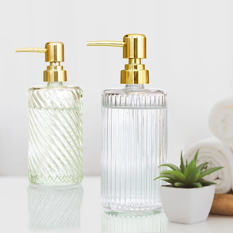 400ml Glass Lotion Hand Sanitizer Bottle Stripe Pump Head Gold Push Body And Soap Liquid Bathroom Storage_voghion.com