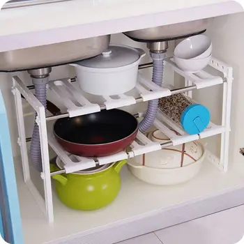 

Holder Kitchen Shelf Organiser Floor Type Adjustable Extendable Double Layer Dishes Storage Rack Sink Multifunction Shelf BJ
