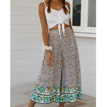 

Loose Culottes High Quality Casual Comfortable Breathable Trousers Women's Geometric Elastic High Waist Long Wide Leg Pants