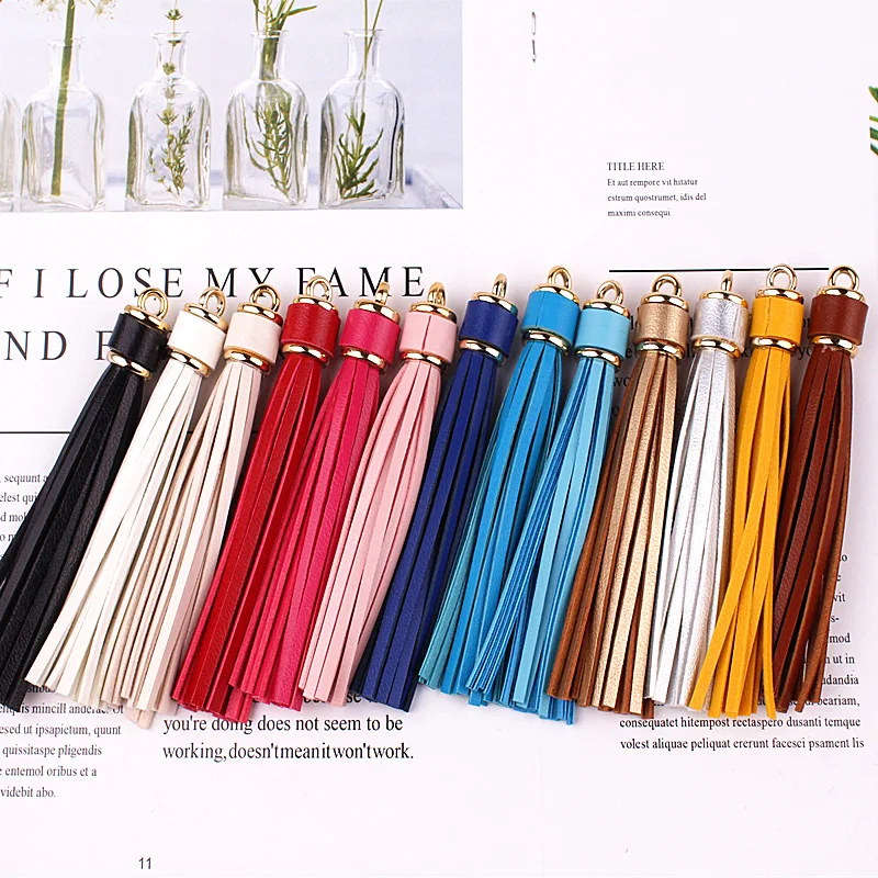 WFFNNKC 4-10Pcs Gold Silver Cap Faux Leather Trim Tassel Fringe DIY Key Chain Jewelry Findings Accessories Crafts Sewing Pendant