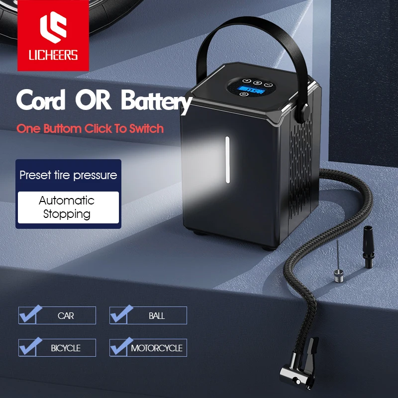 Licheers Car Air Compressor Inflator Pump LED Lamp For Car Motorcycle Bicycle Tire Inflatable Wireless/Wire Electric Air Pump