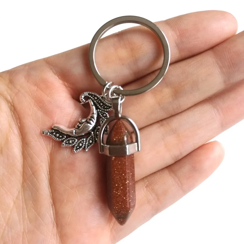 Natural Stone Hexagonal Column Keychain For Women Pink Quartz Crystal Stone Key Chains With Sun Moon Charms Trinket Couple Gift - Цвет: Brown Moon