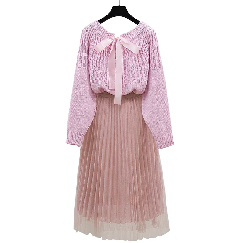 bow lantern sleeve knitted pullovers a word skirt of tall waist gauze fairy skirts leisure suit women 2 pcs clothing set