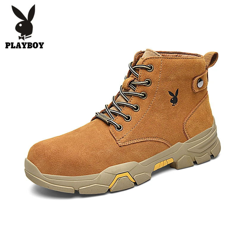 PLAYBOY/Новые ботинки; мужские кожаные кроссовки; ботинки для работы на открытом воздухе из водонепроницаемого материала; очень теплые ботинки; дышащая мужская повседневная зимняя обувь - Цвет: yellow brown