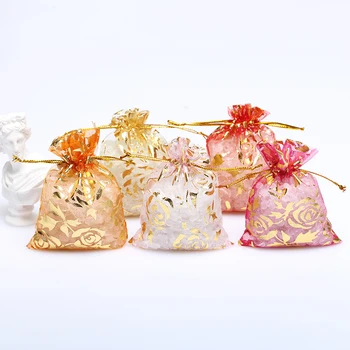 

50pcs Rose Design Organza Drawstrings Bags 7x9/9x12/11x16cm Jewelry Gift Package Bags Yarn Pouches Christmas/Wedding Supplies