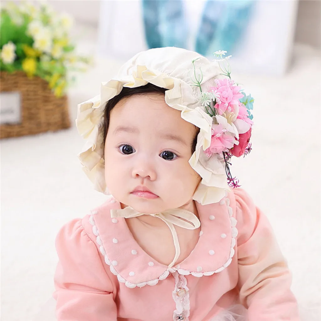 Шапки для новорожденных 1-2 лет, модная Осенняя шапка с цветочным принтом для защиты от солнца, регулируемая однотонная Шапочка-бини с цветочным узором, шапки для фотосъемки