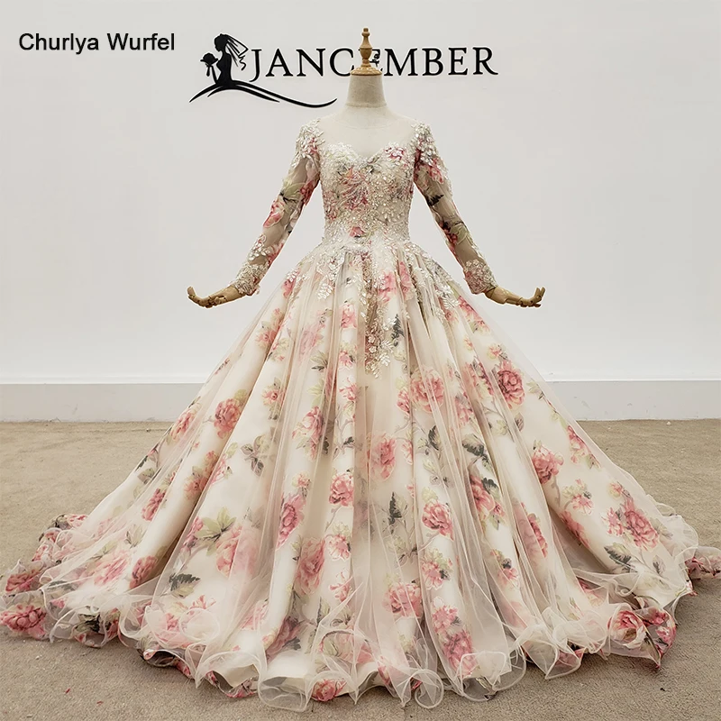 

HTL1382 Transparent O Neck Evening Dresses Applique Long Sleeve Evening Dress Flower Print Wavy Under Dress Vestidos