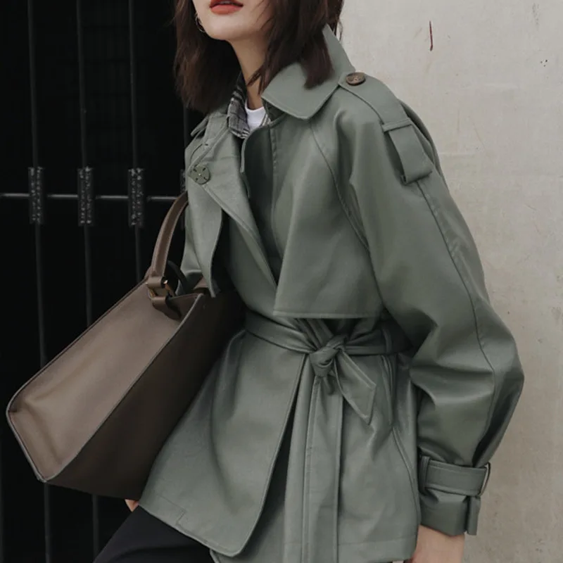 

XUXI Korea 2020 Spring New Coat Fashion Solid Color Lapel Loose Casual Simple Lace Lapel Short Pu Leather Women FZ0467