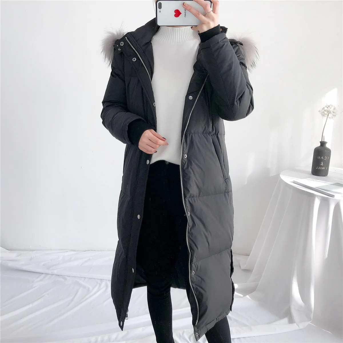 Tcyeek/зимнее пальто женская одежда 2019 корейская Толстая теплая куртка на утином пуху + куртка с капюшоном из меха енота, модная длинная Chaqueta