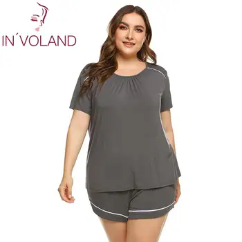 

Women Plus Size Sleepwear Pajamas Scoop Neck Short SleeveTops Elastic Waist Shorts Summer Pajama Set Nightwear