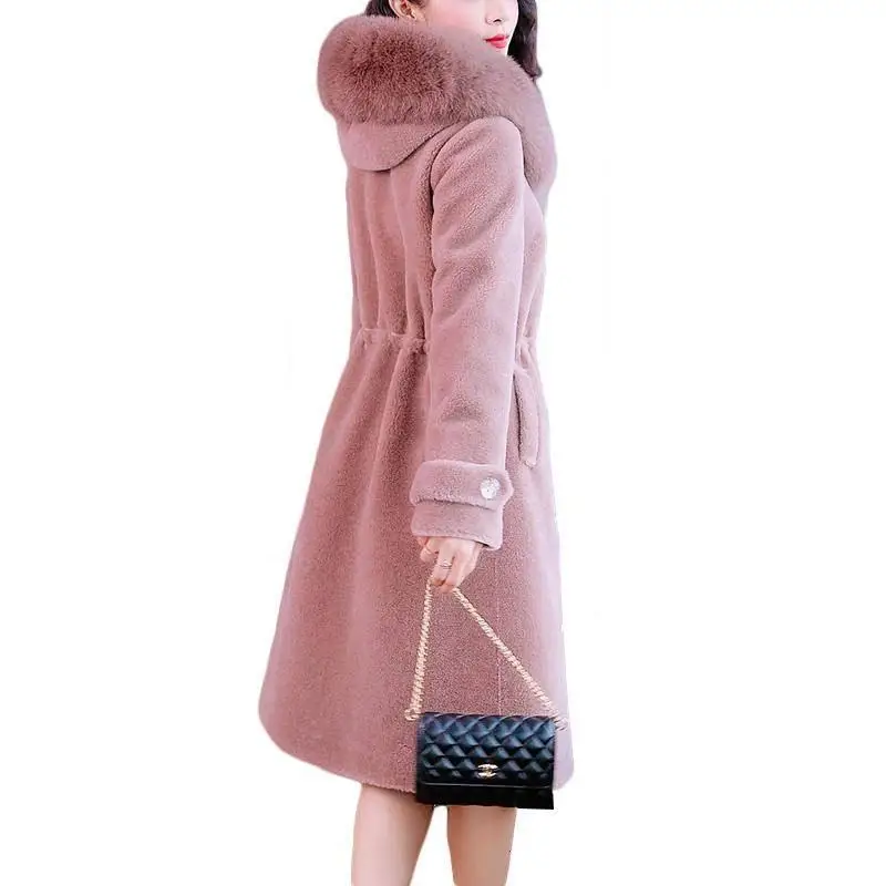 #*Cheap 2019 New Winter Women Natural Fox Fur Collar Hooded Slim Long Coat Female Casual Warm Thicken Real Sheep Shearing Fur Jacket J80