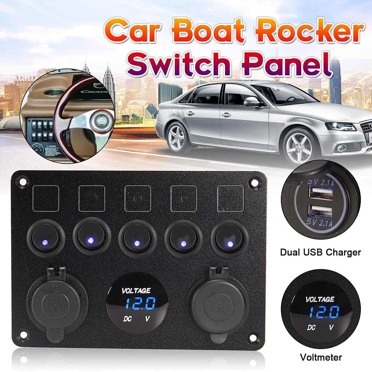 5 Gang Car Marine Boat Universal LED Rocker Switch Panel Circuit Digital Voltmeter Dual USB Port 12V Outlet with DIY sticker