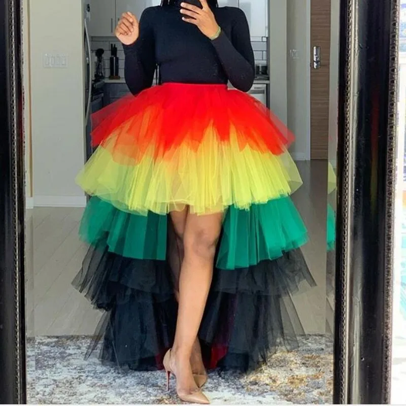 Faldas largas de tul multicolor para mujer, tutú elegante estilo Alto Bajo con volantes, asimétrico, color arcoíris _ - AliExpress Mobile