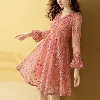 

Gedivoen Autumn Vintage Short Mini Dress Women V Neck Floral Embroidery Mesh Dress Fashion Designer Elegant Dresses Vestidos