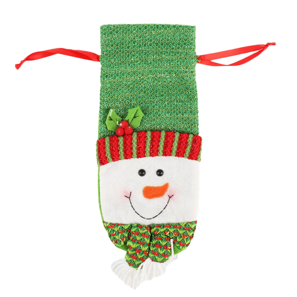 New Christmas Santa Snowman Elk Drawstring Bag Wine Bottle Cover Sleeve Table Decor