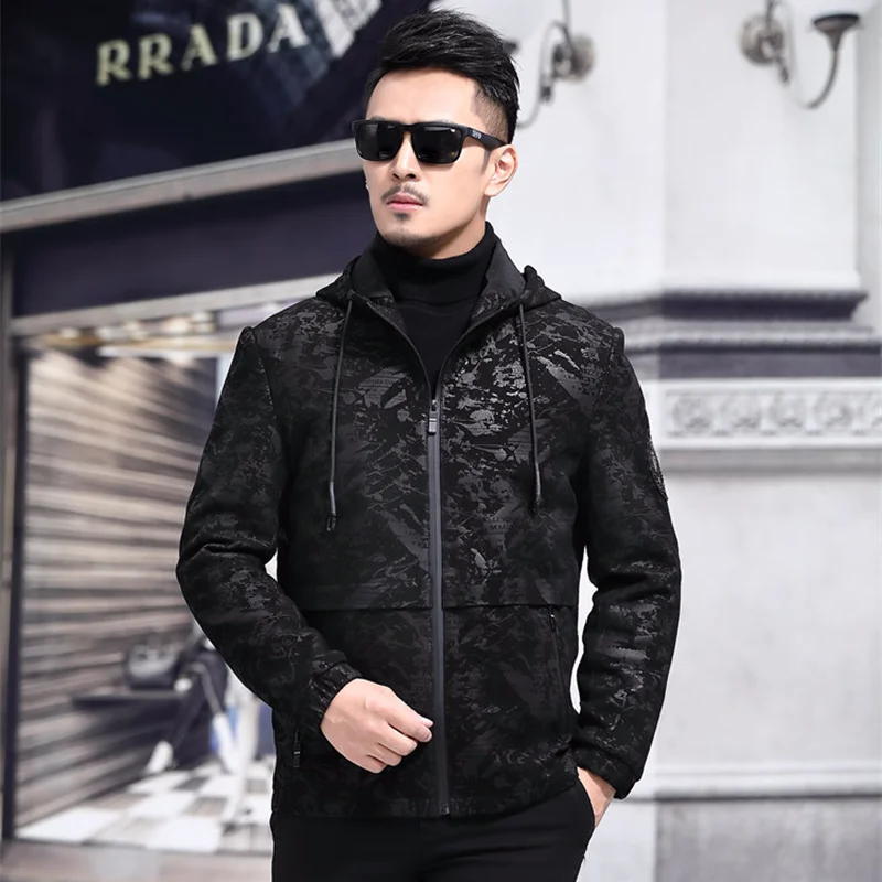 Мужская кожаная куртка с капюшоном из 100% овчины принтом s Chaqueta Cuero Hombre 1802 YY442